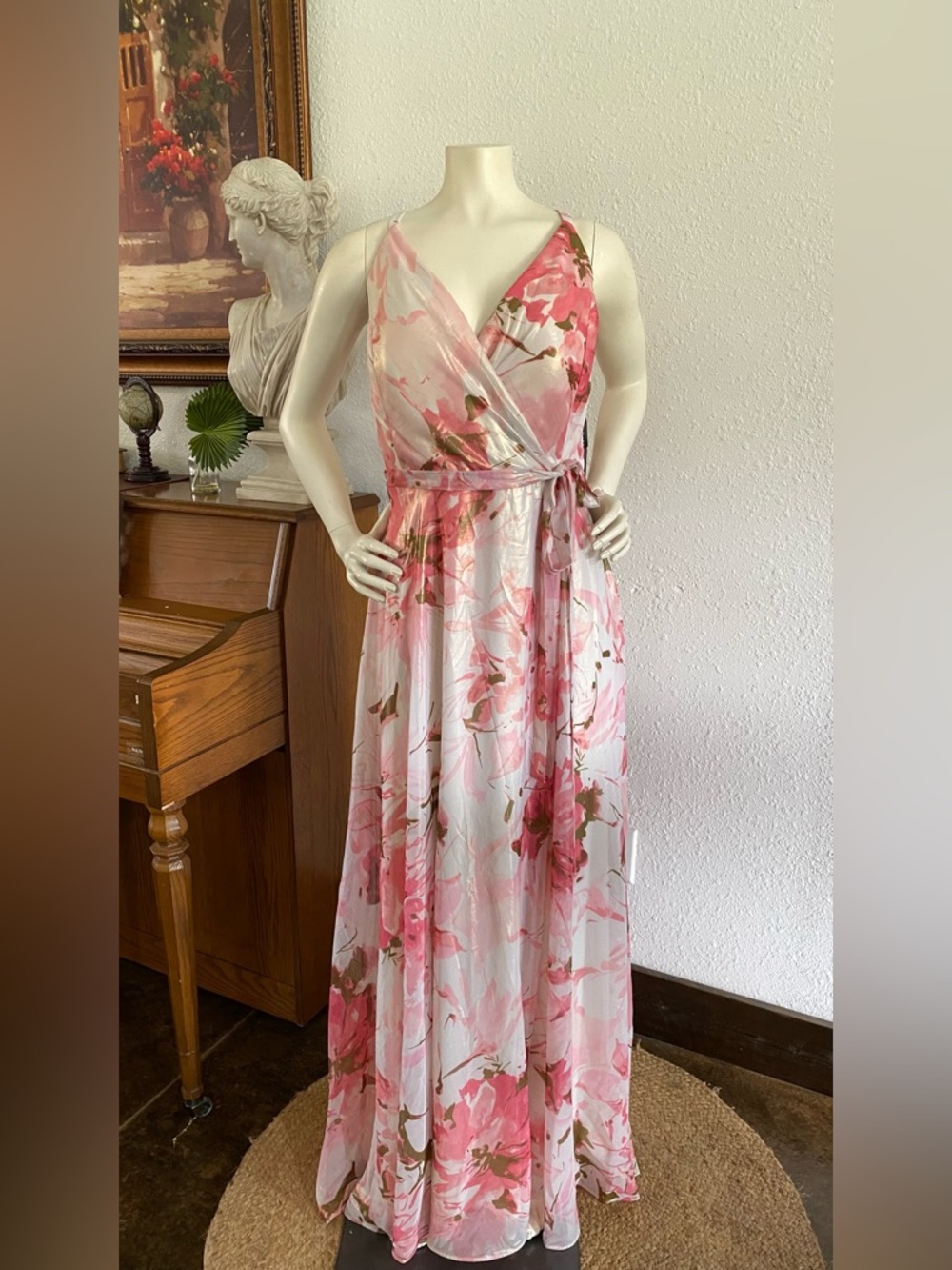 R&M Richards Pink Floral Wrap Maxi Dress